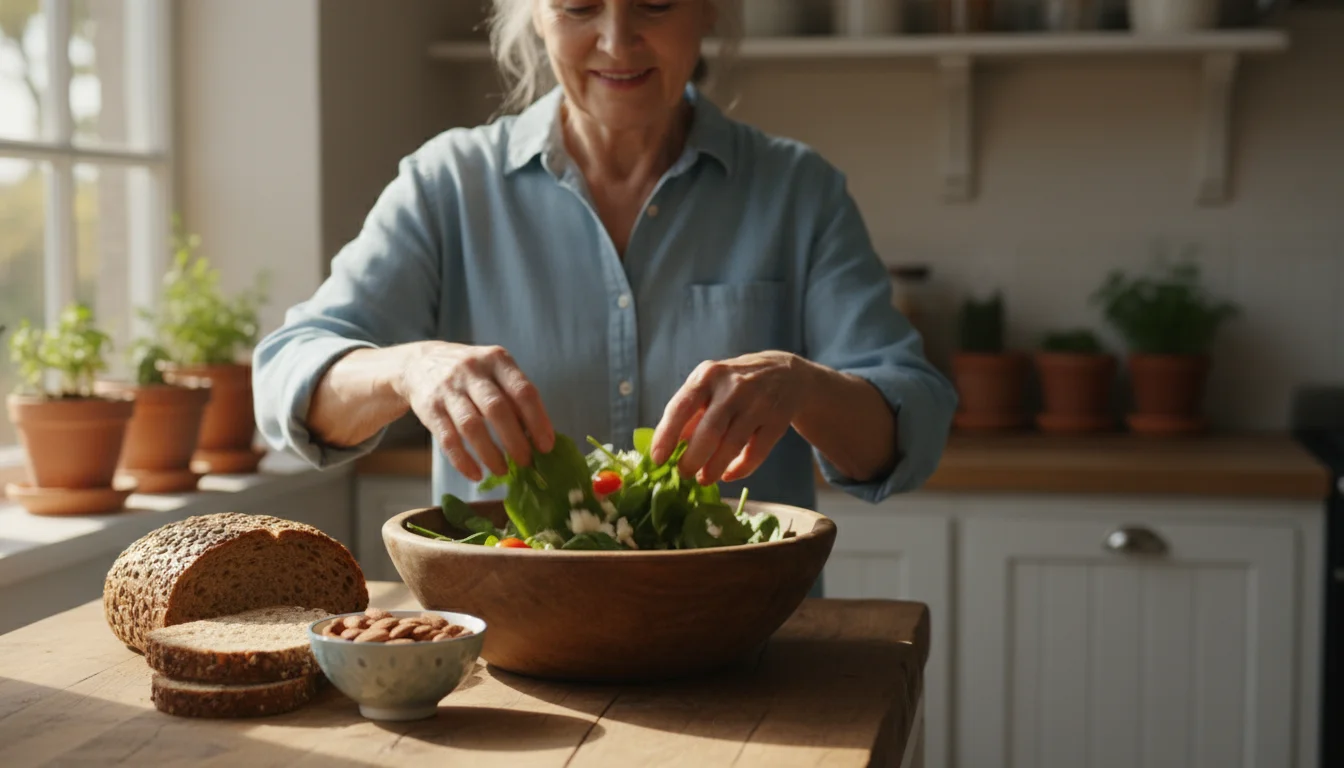 An older woman's hands tossing a vibrant green spinach salad with almonds and whole-grain bread on a natural wood kitchen counter.