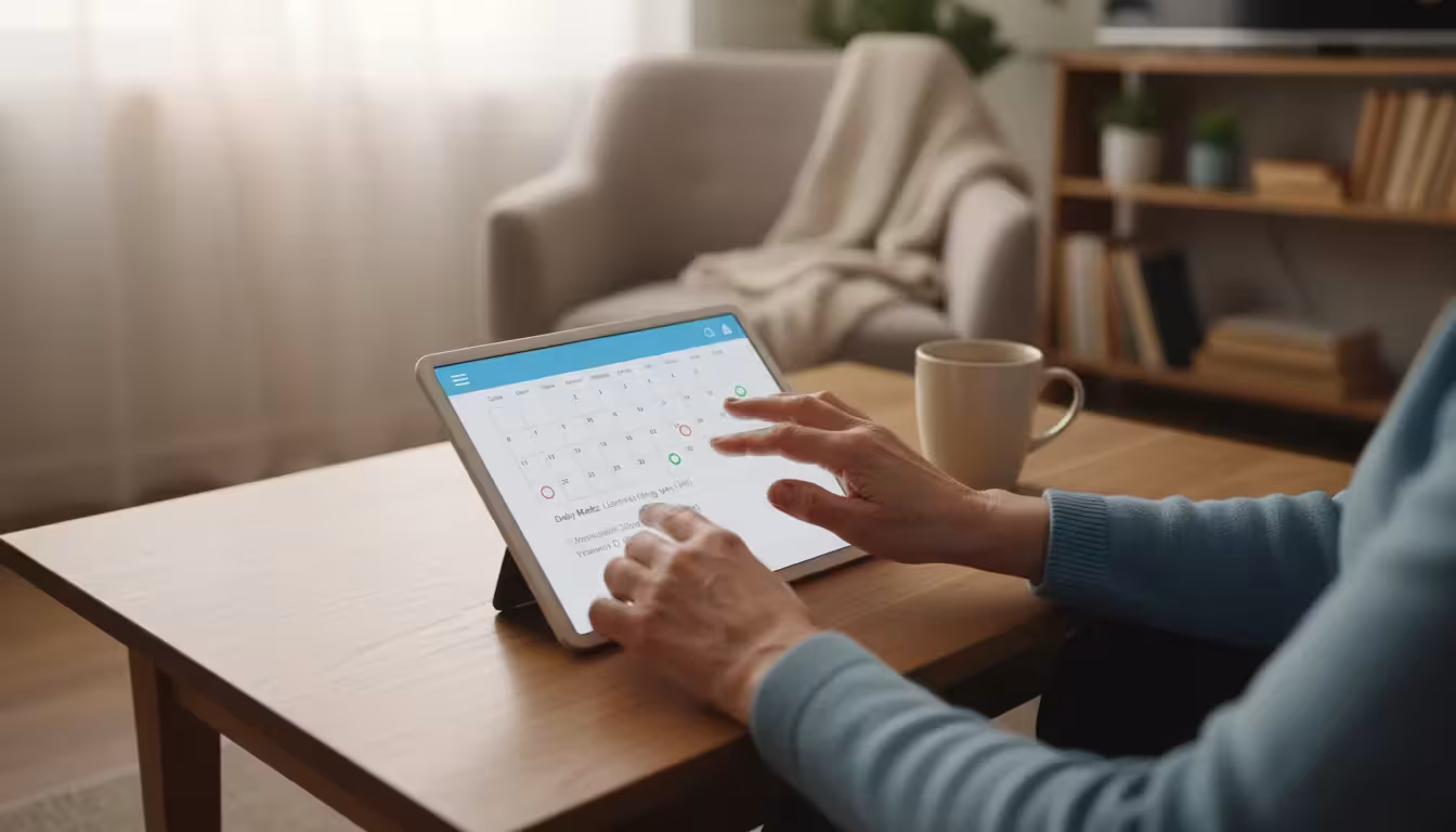 Older woman's hands using a medication management app on a tablet, displaying a medication schedule.
