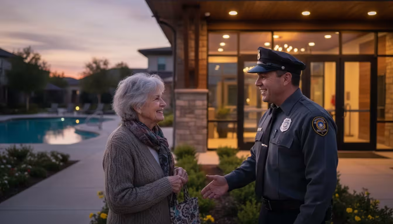 An older woman happily chatting with a uniformed security officer near a brightly lit community clubhouse entrance at dusk.