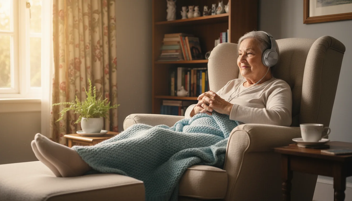 Older woman with headphones, smiling gently, relaxing in an armchair in a sunlit living room. She is listening intently.