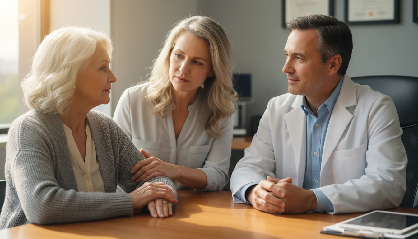 An older woman and her adult daughter attentively listen to a male doctor who is explaining care options in a doctor's office.