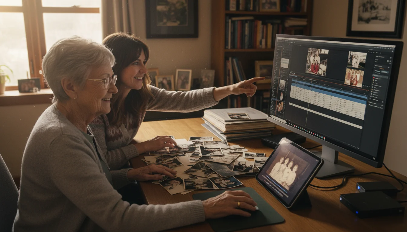 An older woman and her adult daughter at a desk, editing a family legacy video on a computer with old photos.