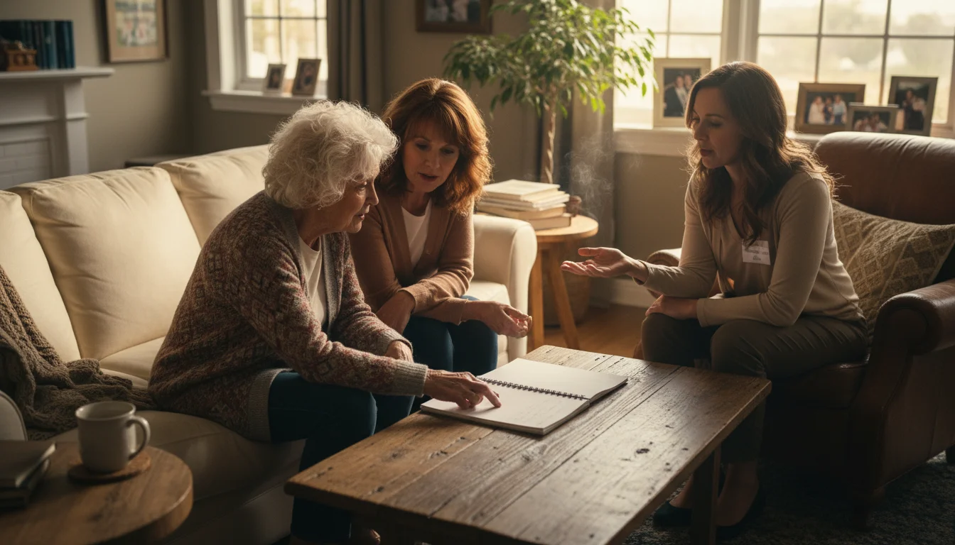 An older woman, her adult daughter, and a home care aide seated in a living room, looking at a notebook and discussing care.