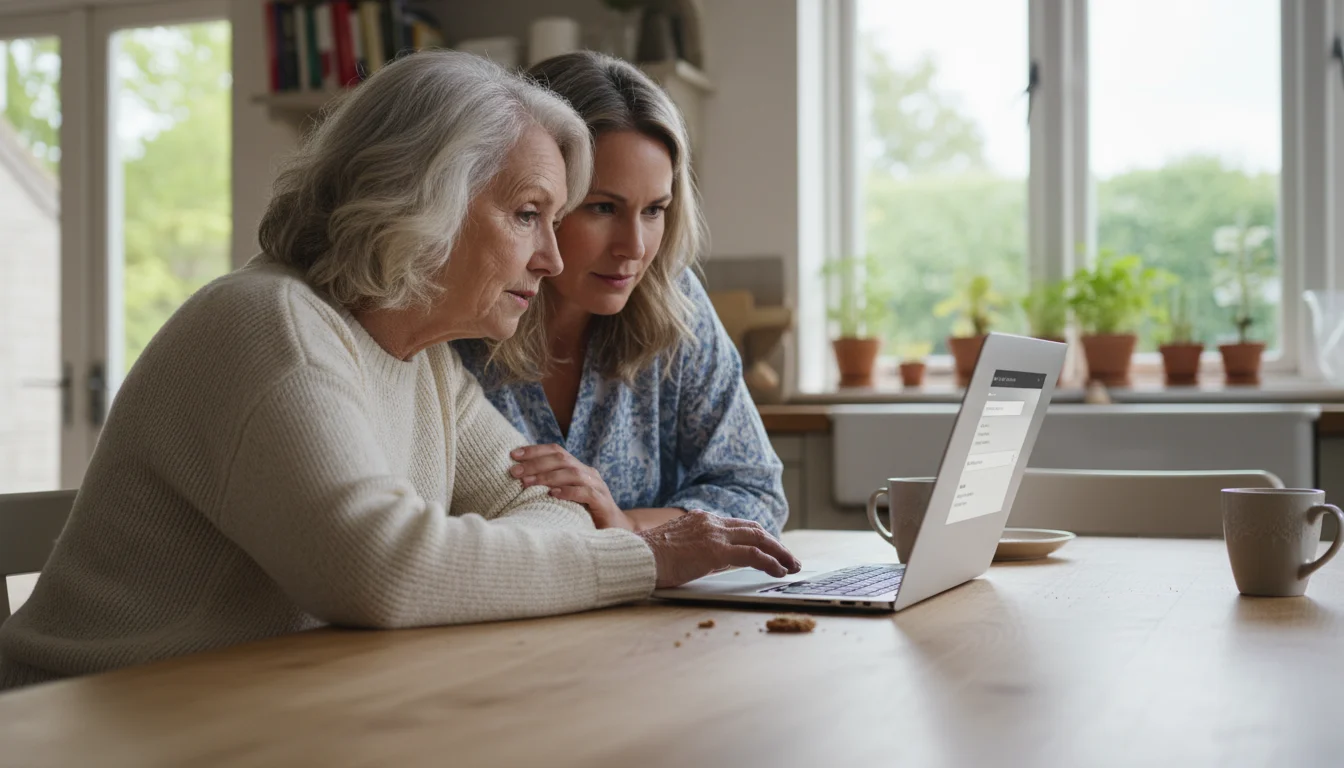 An older woman and her adult daughter at a kitchen table, leaning over a laptop screen together, researching options.