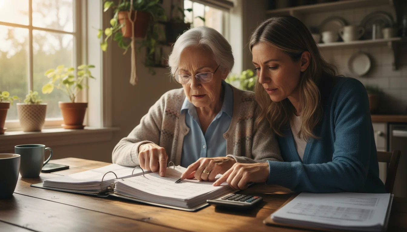 Older woman and her adult daughter carefully review home care invoices and financial statements on a kitchen table.