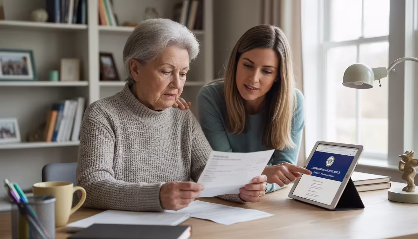 An older woman and her adult daughter reviewing a medical bill and a resource website on a tablet at a home desk, looking relieved.