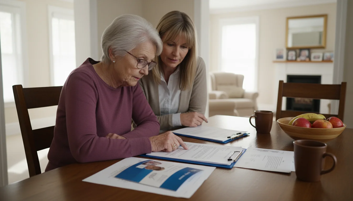 An older woman and her adult daughter are seated at a table, carefully reviewing legal and financial documents together.