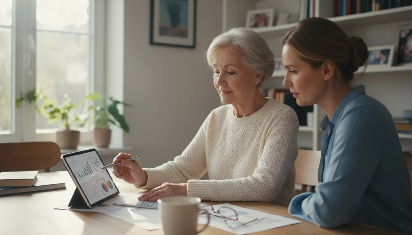 An older woman and her adult daughter sit at a dining table, looking at financial documents together.
