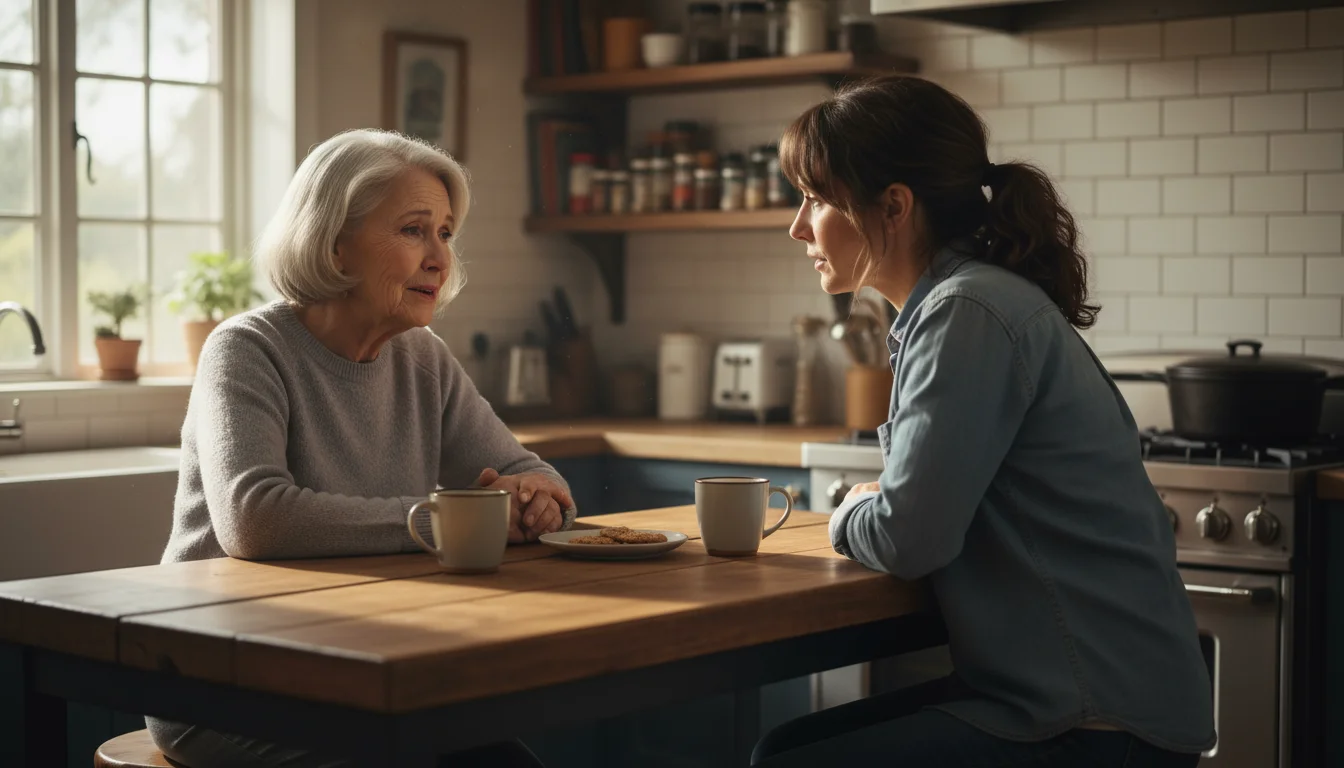 An older woman and her adult daughter sit at a kitchen island, looking at each other with calm, understanding expressions.