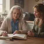An older woman and her adult daughter sit at a kitchen table, thoughtfully reviewing a handwritten list of potential home care needs together.
