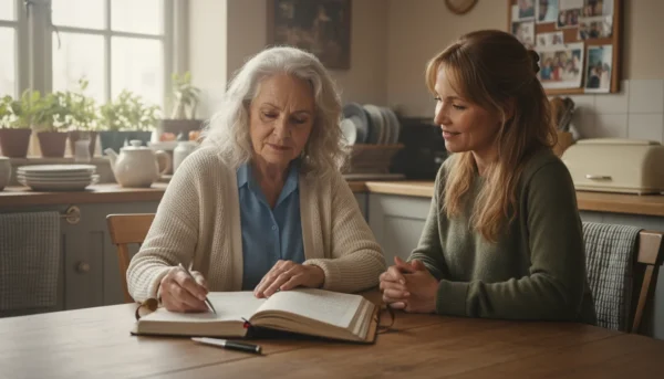 An older woman and her adult daughter sit at a kitchen table, thoughtfully reviewing a handwritten list of potential home care needs together.