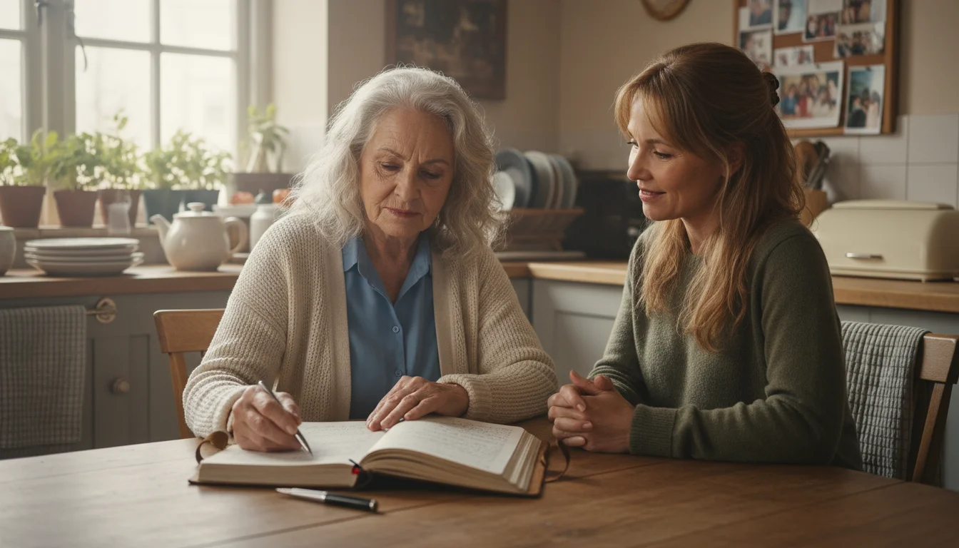 An older woman and her adult daughter sit at a kitchen table, thoughtfully reviewing a handwritten list of potential home care needs together.