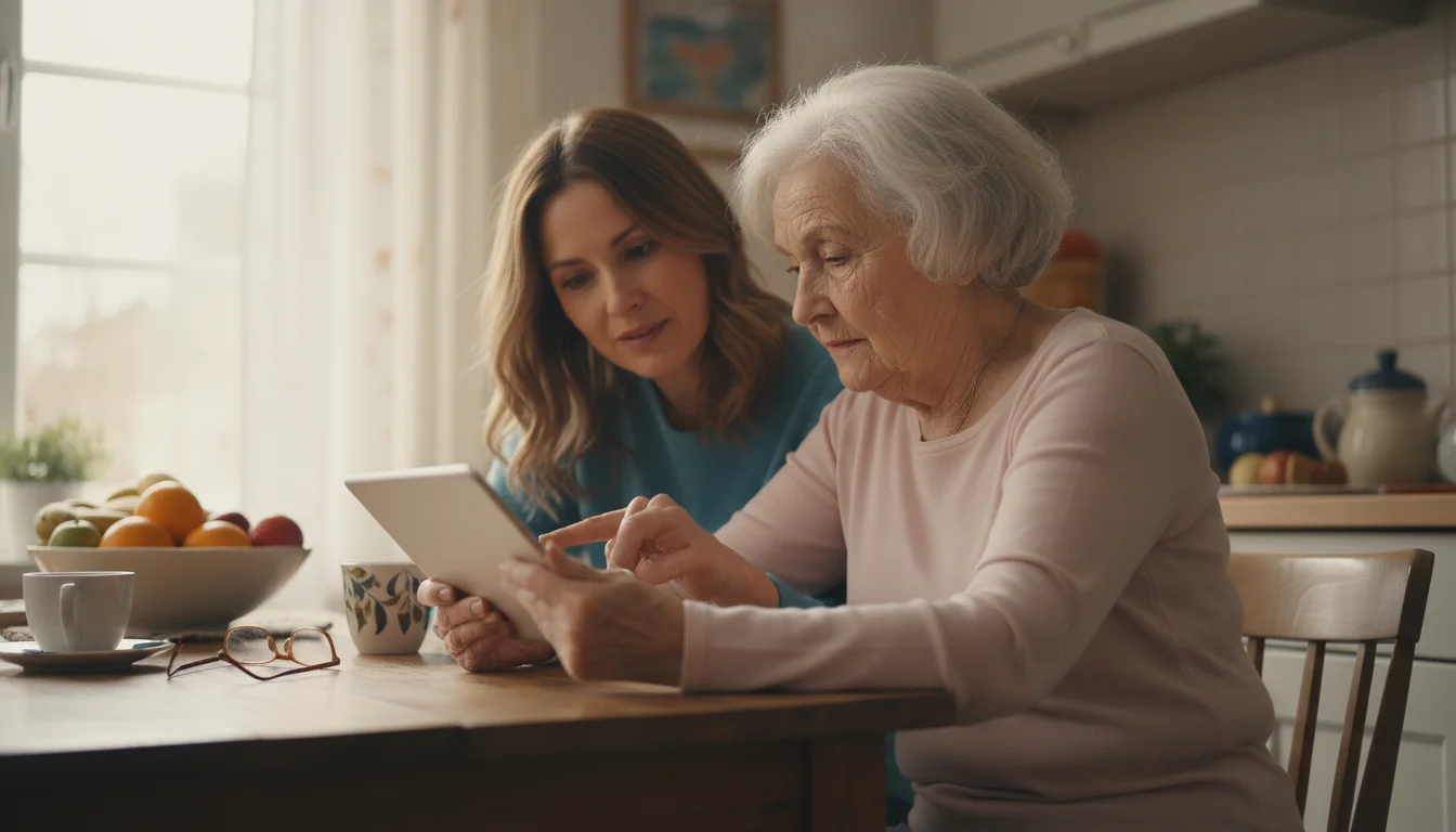 An older woman and her adult daughter sit at a kitchen table, reviewing information on a tablet together.