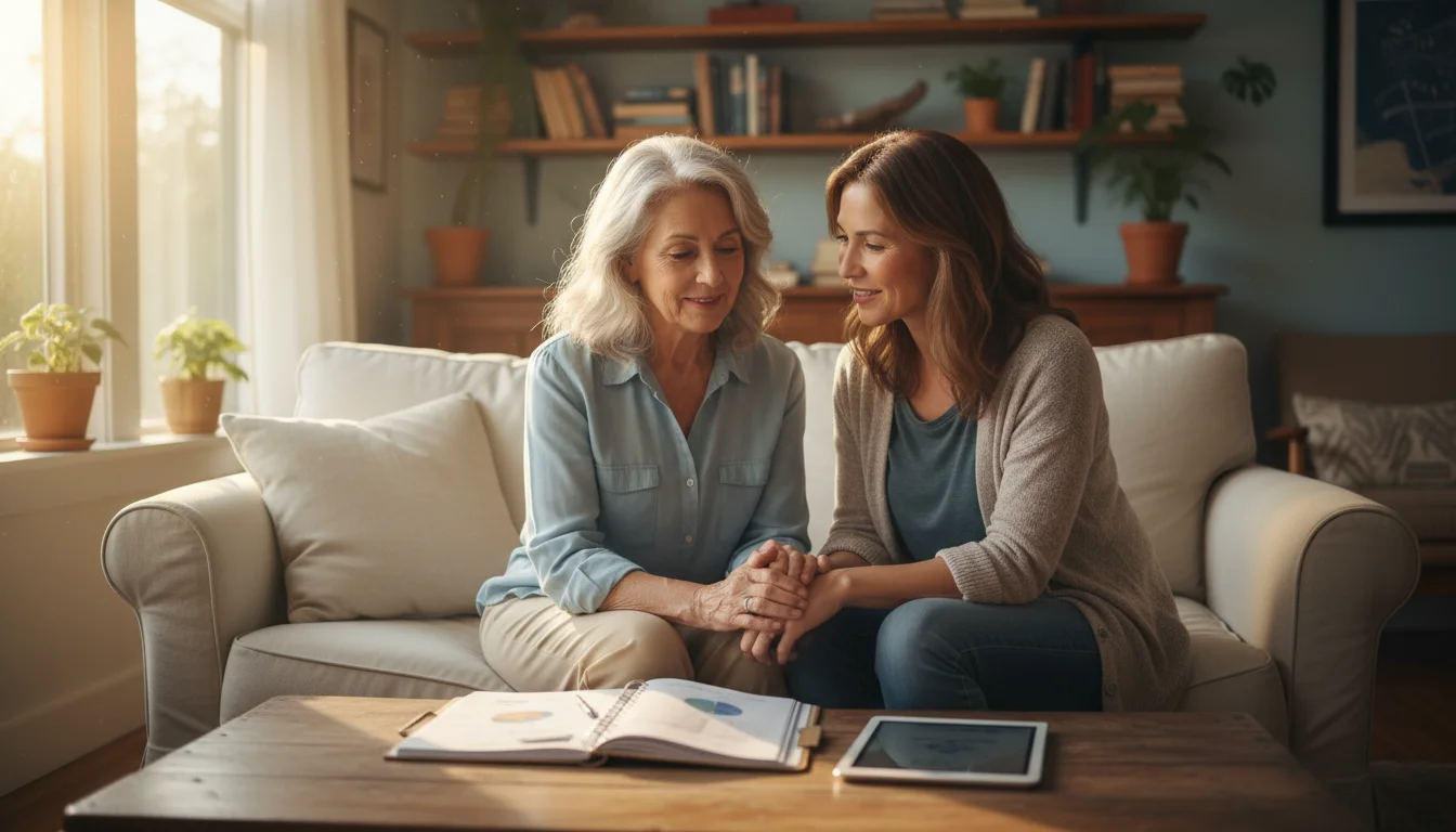 An older woman and her adult daughter sit on a sofa, looking at a financial planner, sharing a calm smile in a sunlit room.