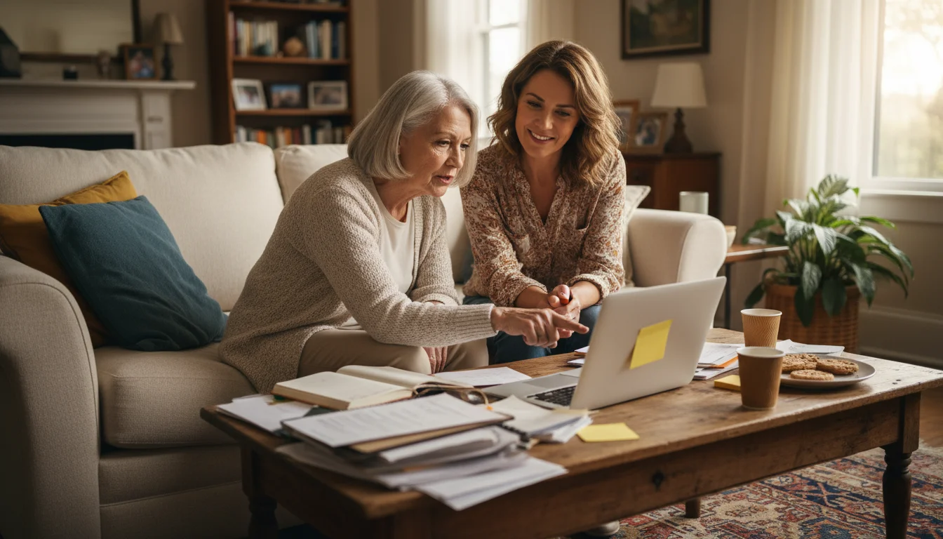 An older woman and her adult daughter sit on a sofa, looking at a laptop and papers on a coffee table, discussing documents.