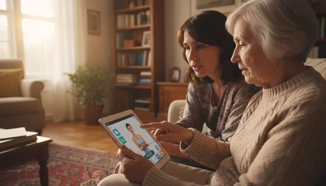 An older woman and her adult daughter sit on a sofa, looking at a tablet showing an online fitness class. The daughter points to the screen.