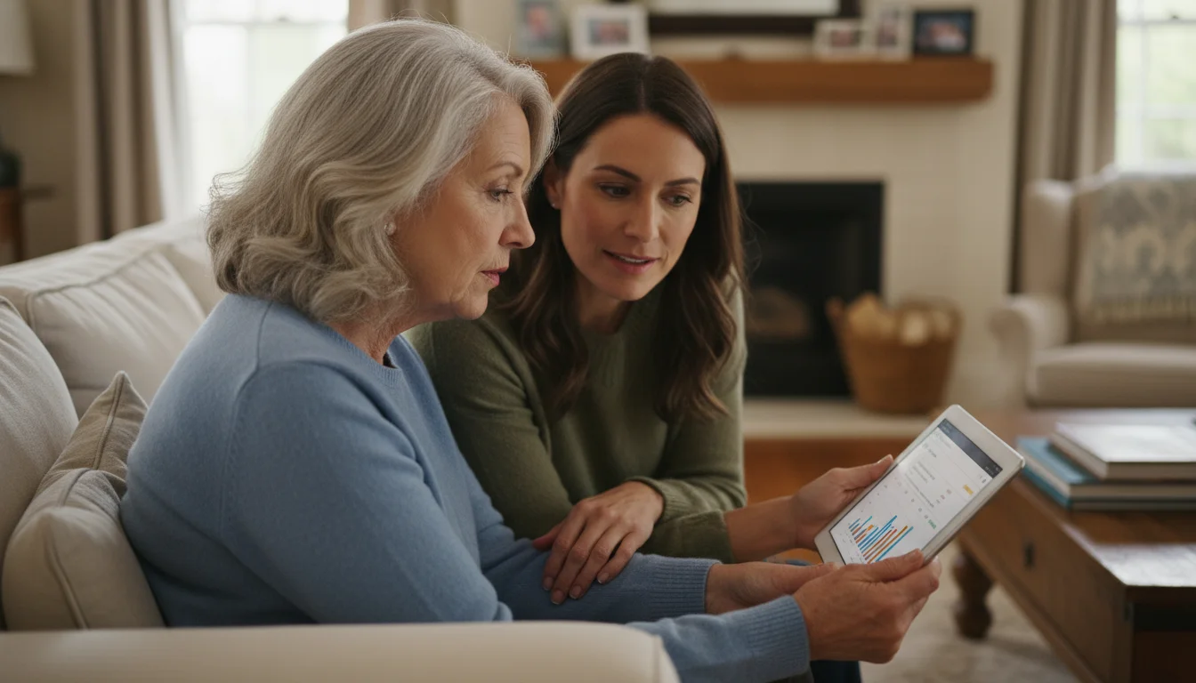 An older woman and her adult daughter sit on a sofa, looking thoughtfully at a tablet, engaged in a serious financial discussion.