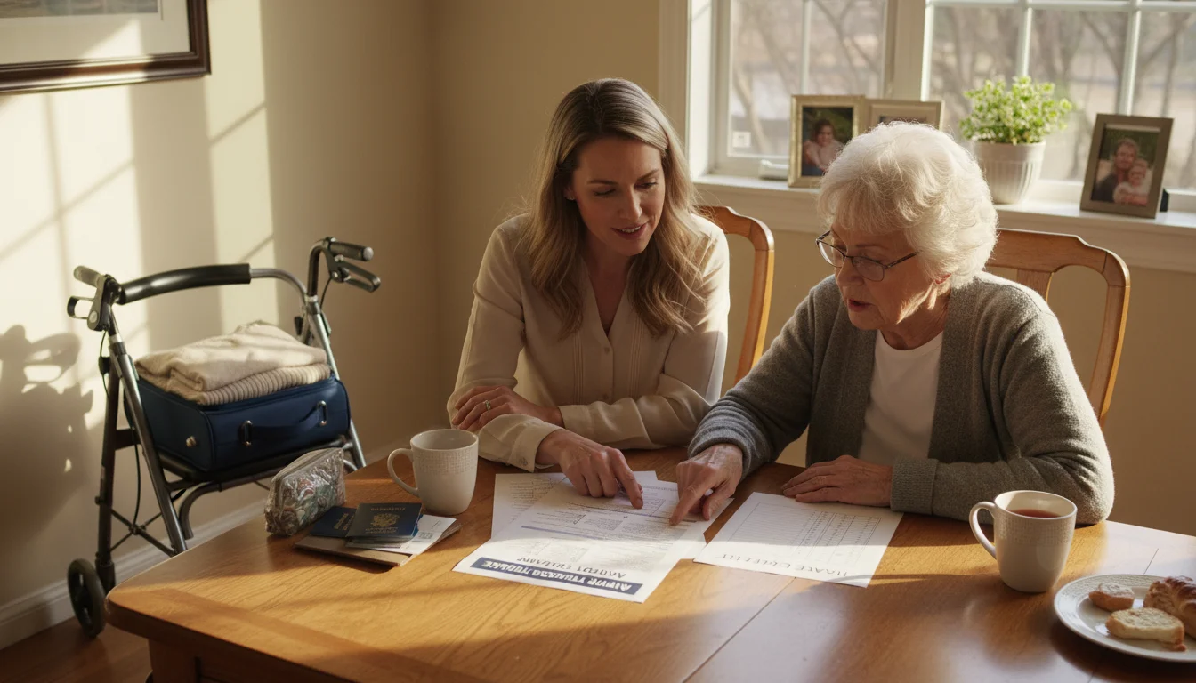 An older woman and her adult daughter sit at a table, reviewing travel documents. A folded walker is nearby.