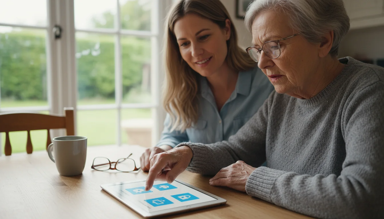 An older woman and her adult daughter are looking at a tablet screen together. The daughter points to the screen while the mother concentrates on the
