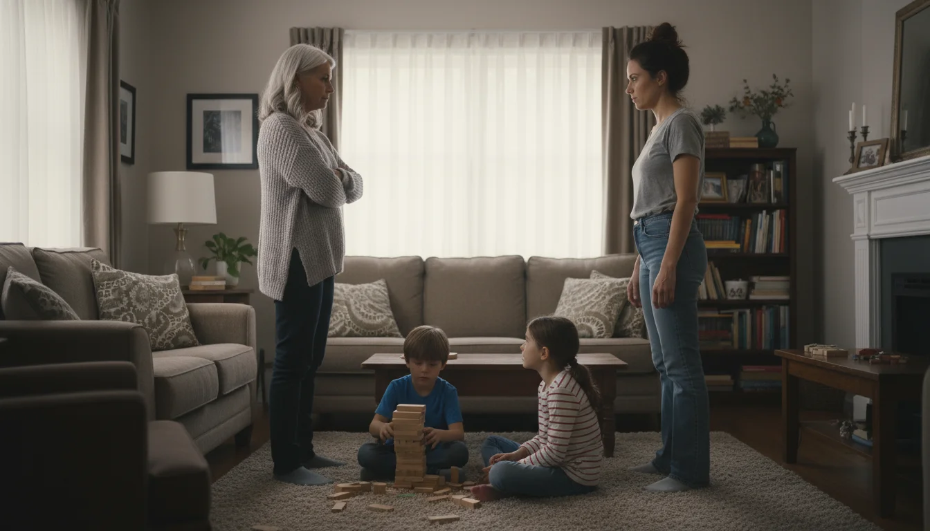 An older woman and her adult daughter have a tense conversation in a living room, while two young children play on the floor, one looking up subtly.