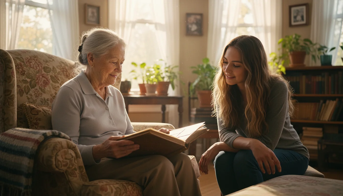 An older woman and her adult granddaughter sharing stories and looking at an old photo album in a bright living room.