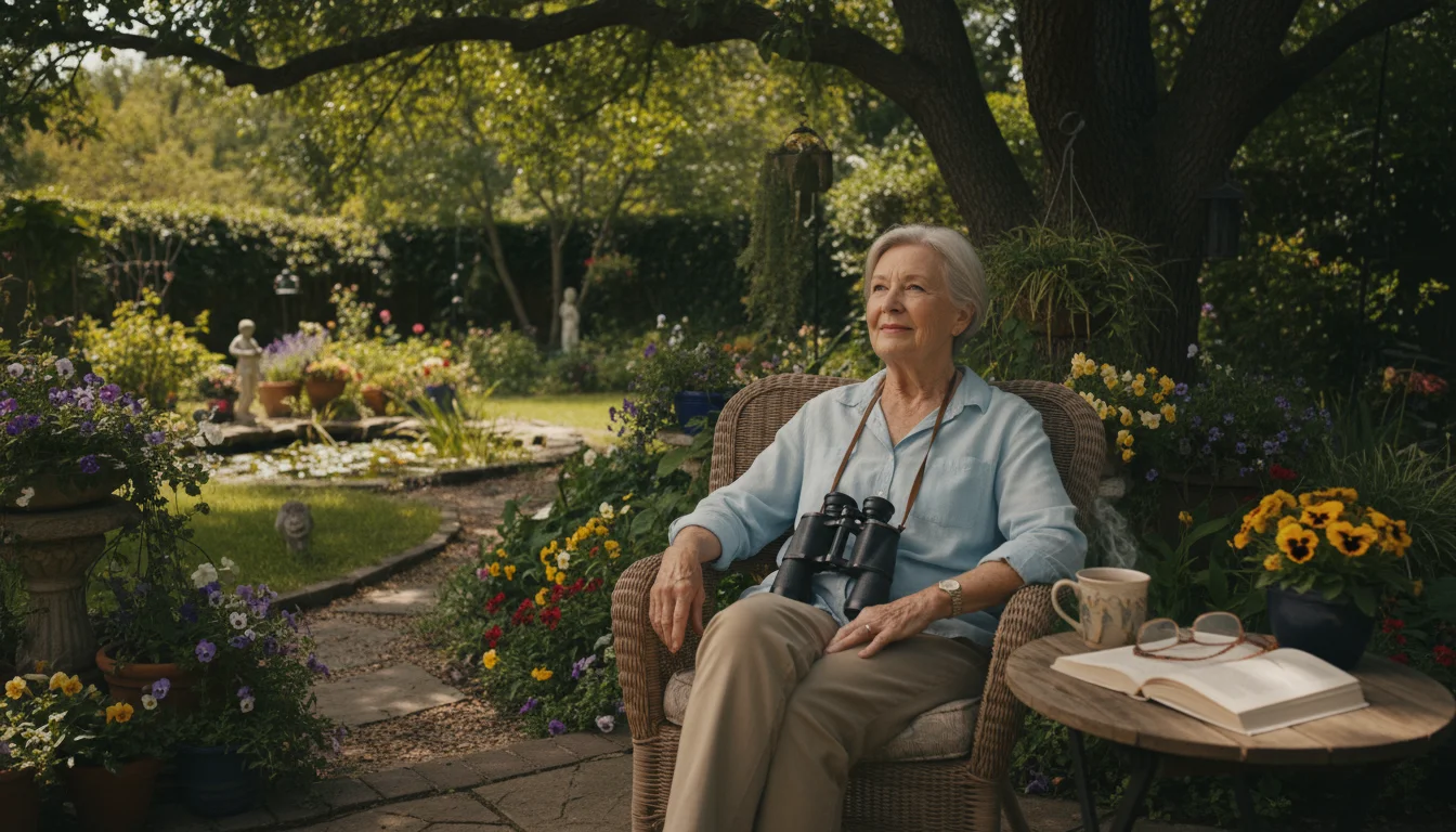An older woman in her backyard, binoculars resting on her lap, looking calmly into the trees. A bird field guide is on a table.