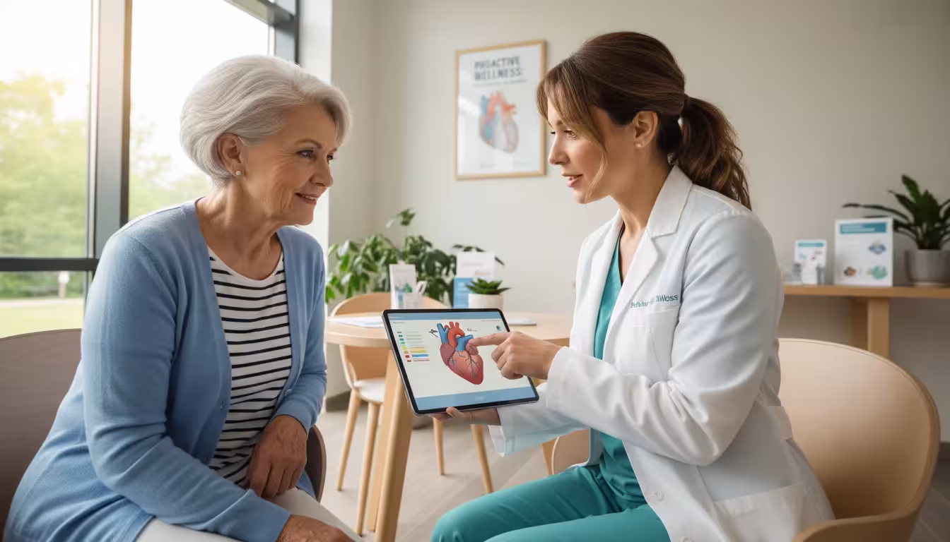An older woman and her doctor in a clinic, looking at a tablet together during a health discussion.