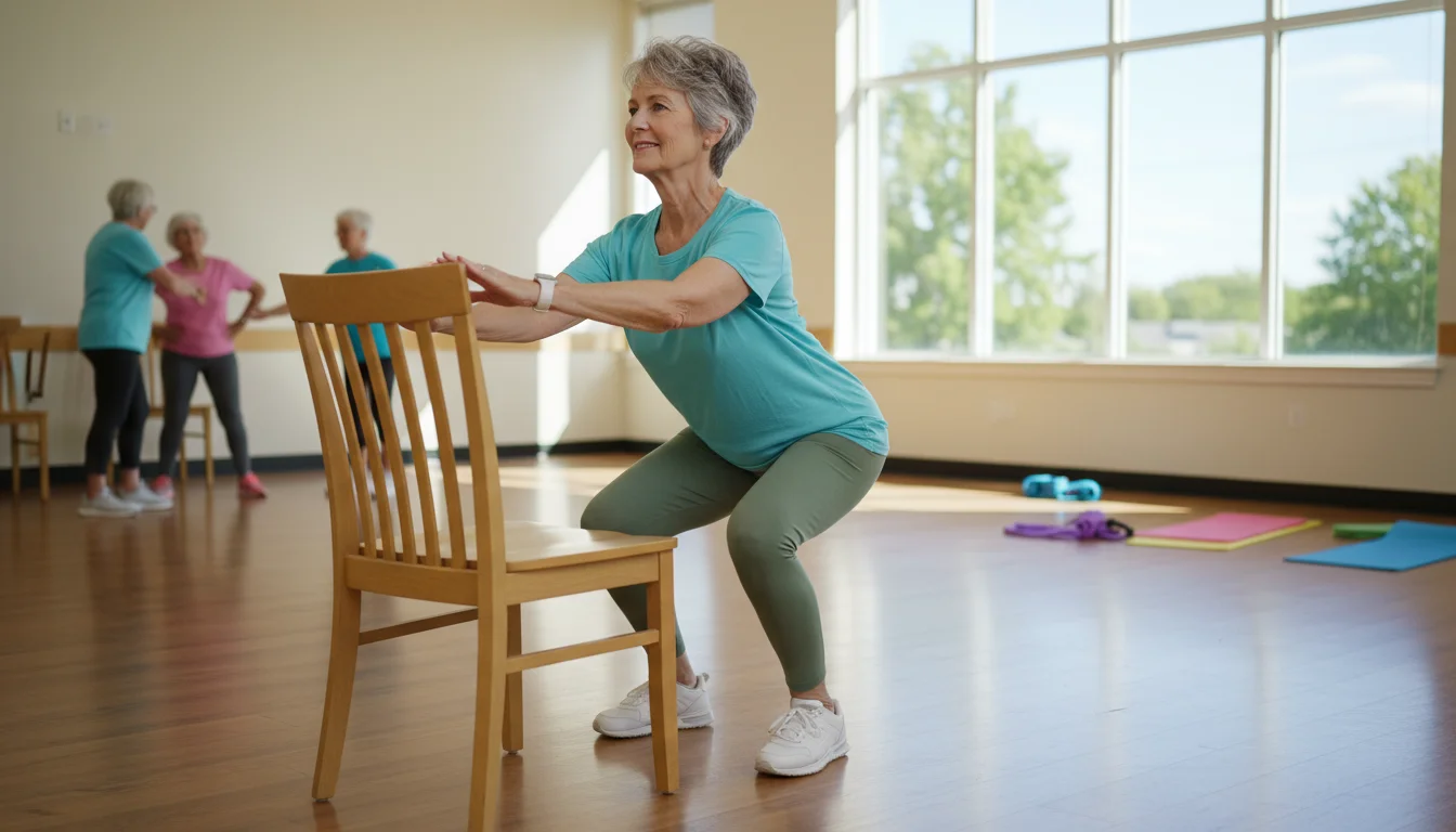 An older woman in her early 70s performs a partial squat with good form, using a dining chair as a guide in a bright community room.