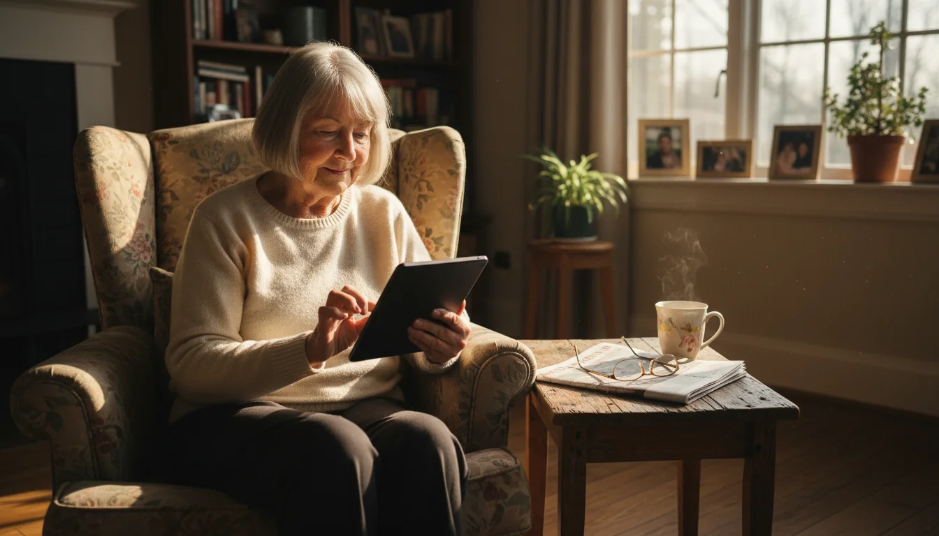 An older woman in her early 70s reads an e-book on a tablet in a bright living room, with a newspaper on a table nearby.
