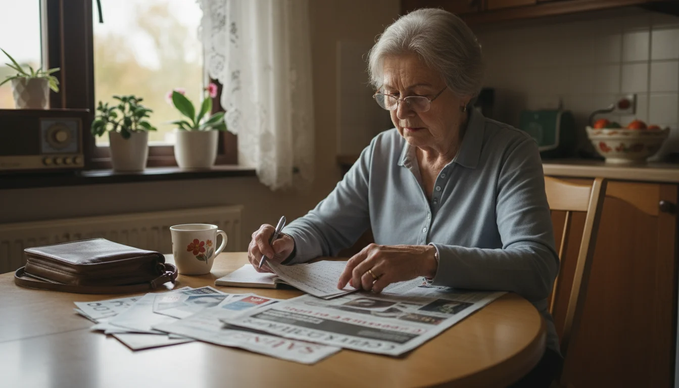 An older woman in her early 70s, wearing reading glasses, sits at a kitchen table, reviewing salon flyers and a newspaper.