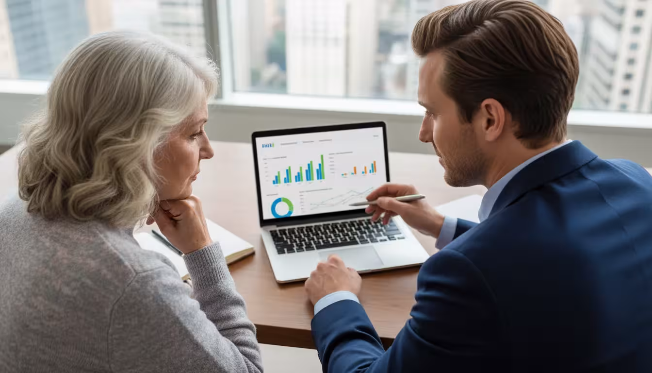 An older woman and her financial advisor intently review a laptop screen showing colorful financial projections on a bright desk.