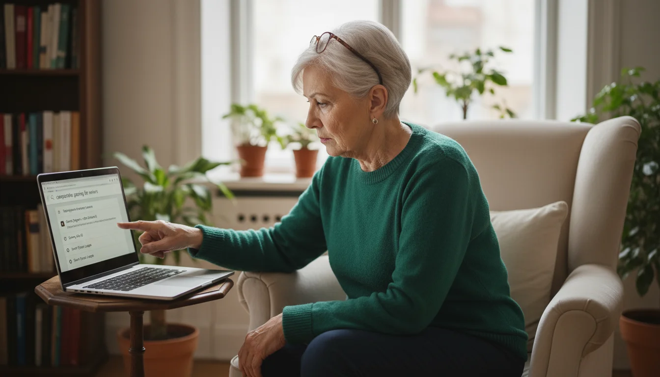 An older woman in her 70s, with glasses, looking intently at a laptop screen showing search results.