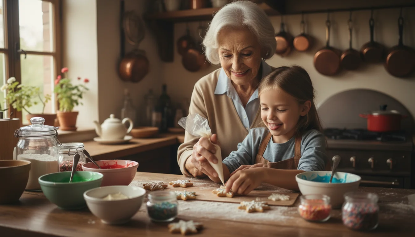 An older woman and her grandchild laugh while decorating sugar cookies together in a sunlit kitchen.