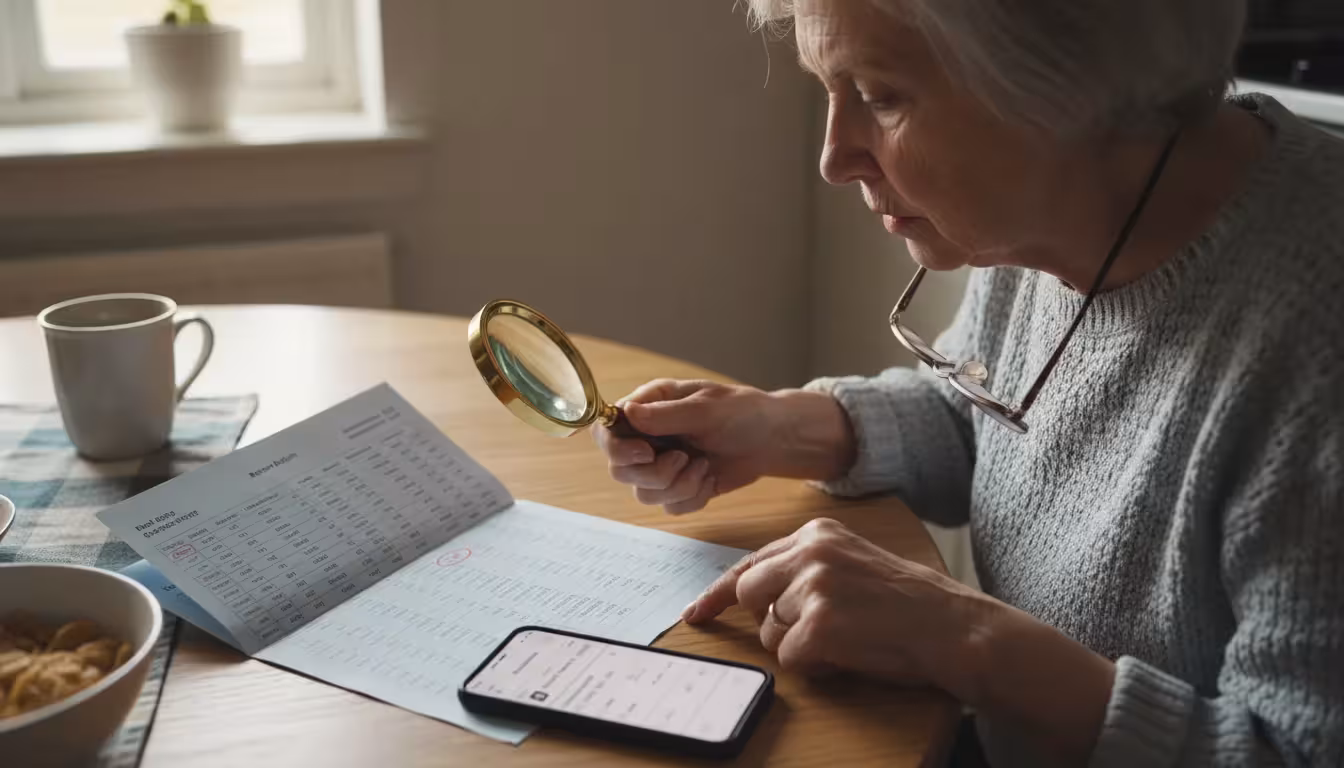 Older woman in her kitchen carefully reviews a paper bank statement with a magnifying glass, a smartphone with a banking app nearby.