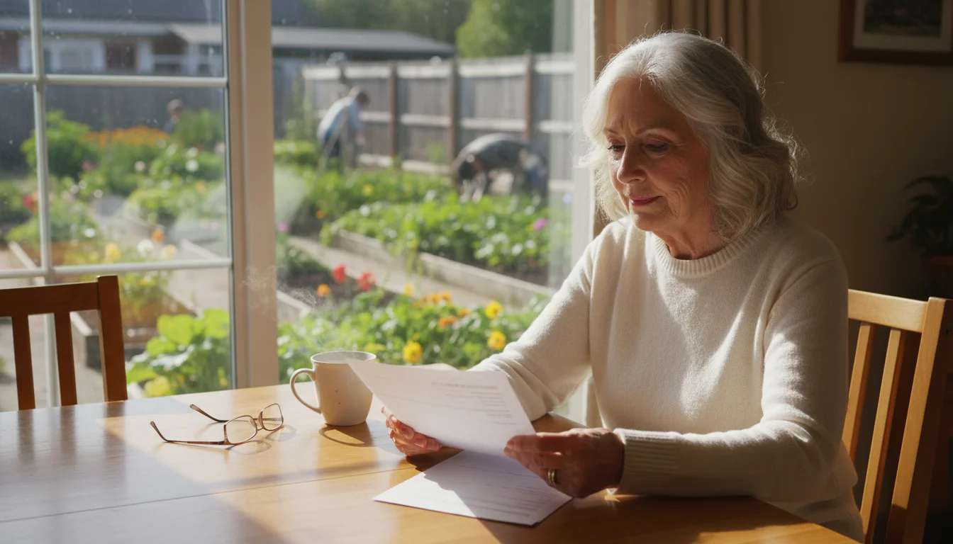 An older woman in her kitchen reviews a paper statement with a calm expression. A well-kept garden is visible outside.