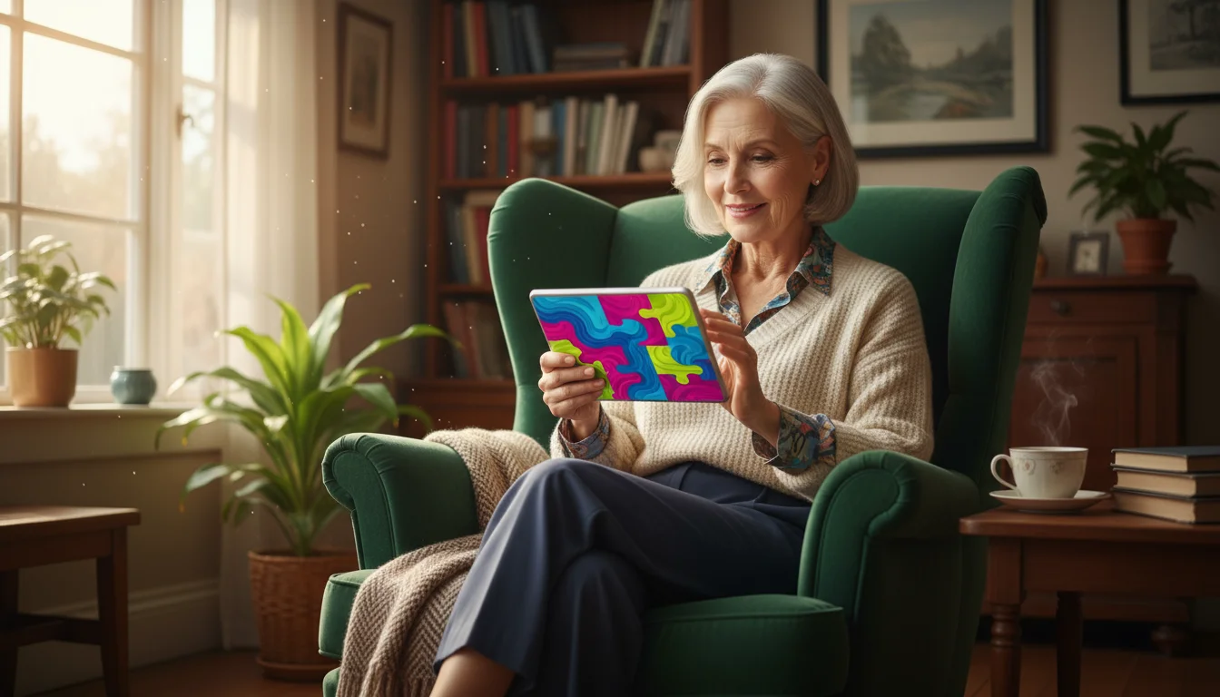 An older woman in her late 70s sits comfortably in a sunlit living room armchair, engaged with a colorful brain-training app on a tablet.