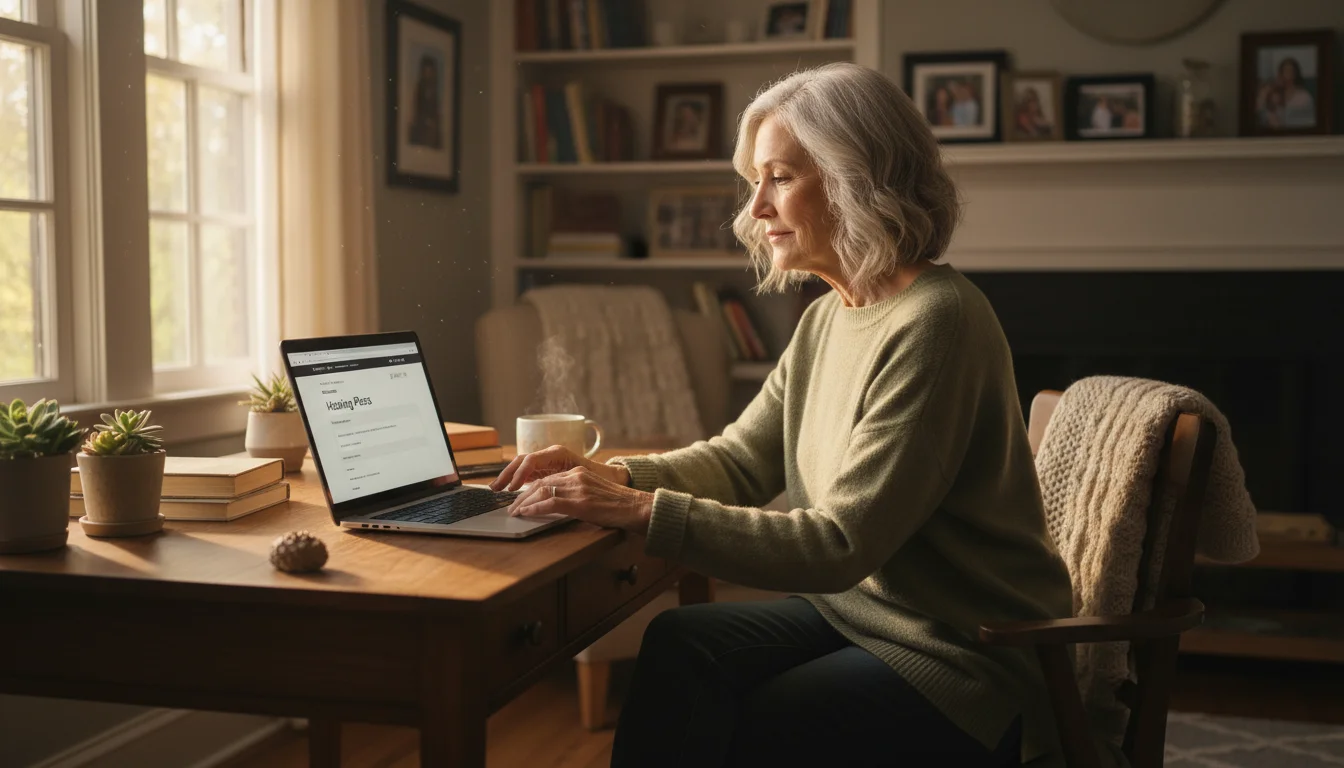 An older woman in her late 60s sits at a desk, looking intently at a laptop screen. She appears to be making a thoughtful decision about web hosting.