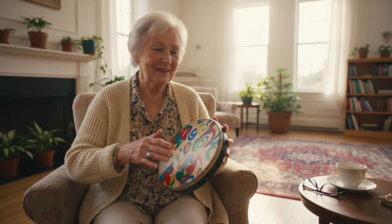 Older woman in her late 70s gently tapping a small hand drum with a joyful, focused expression during music therapy.