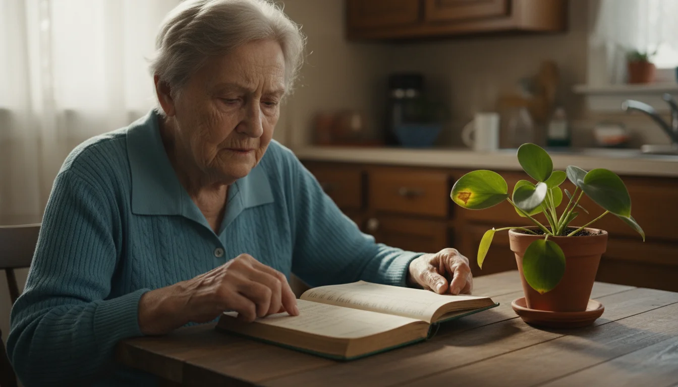 An older woman in her 70s sits at a simple kitchen table, looking worriedly at an open financial ledger.