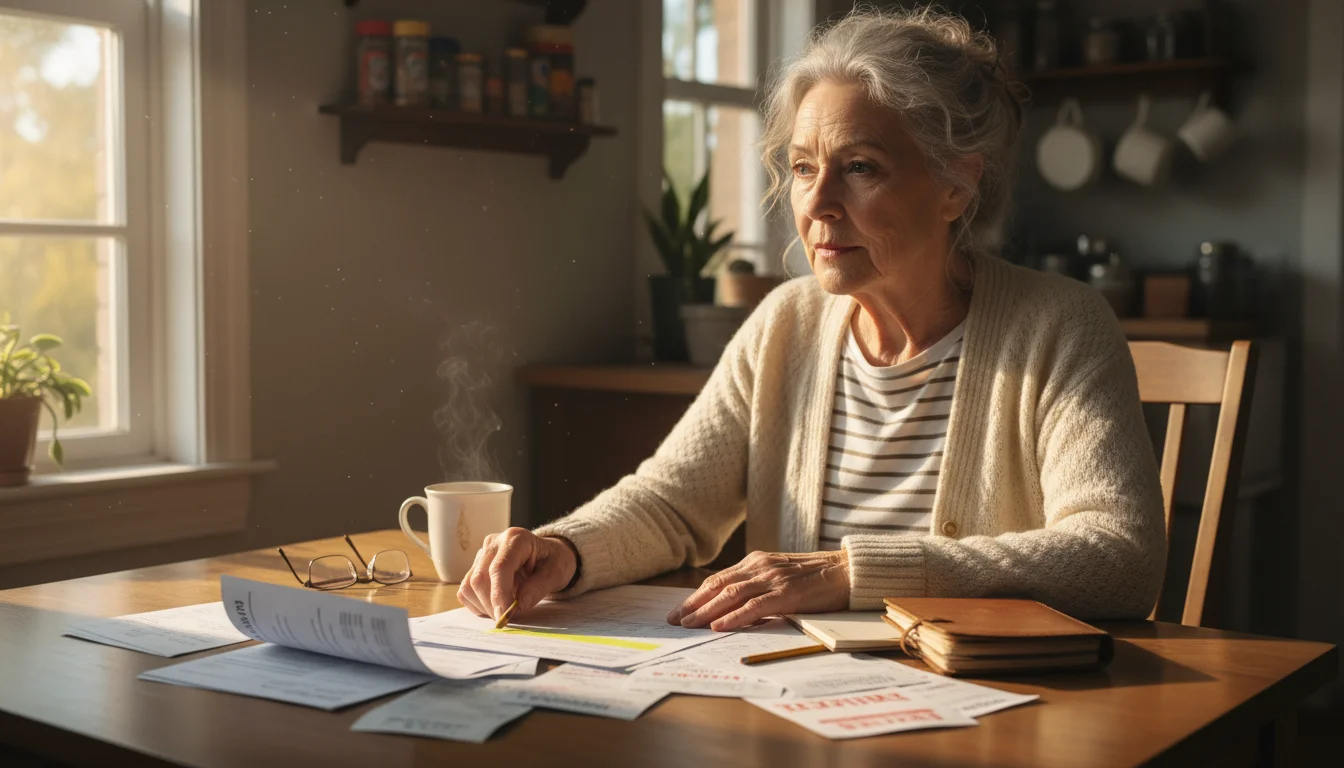 Older woman in her 70s, sitting at a kitchen table, looking thoughtfully at a spread of financial documents and papers.