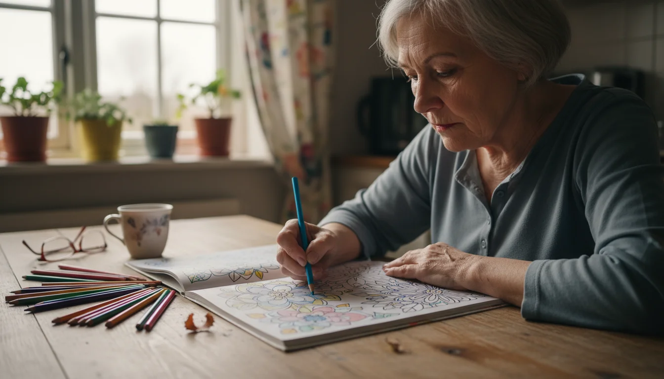 An older woman in her 70s uses colored pencils to fill in an intricate design in an adult coloring book at a sunlit kitchen table.