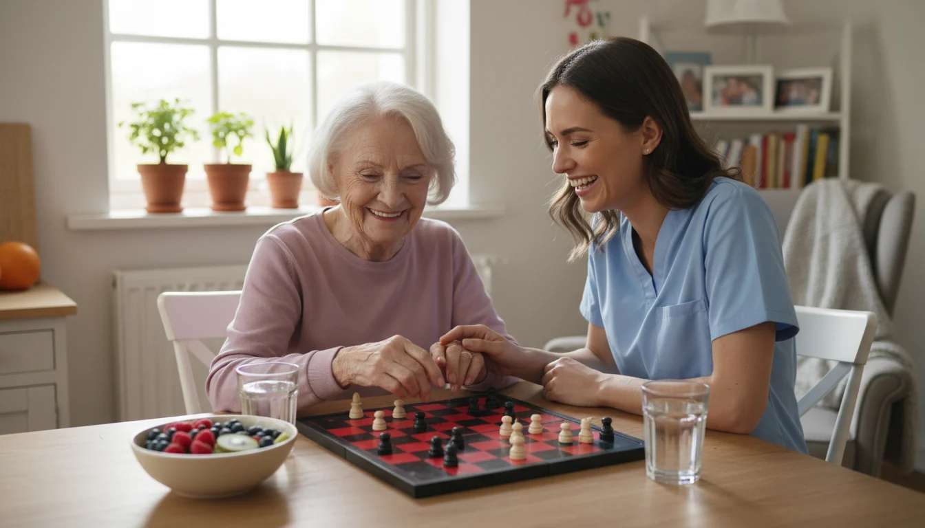 Older woman and home care aide playing checkers at a kitchen table, with fruit and water nearby, bathed in soft natural light.