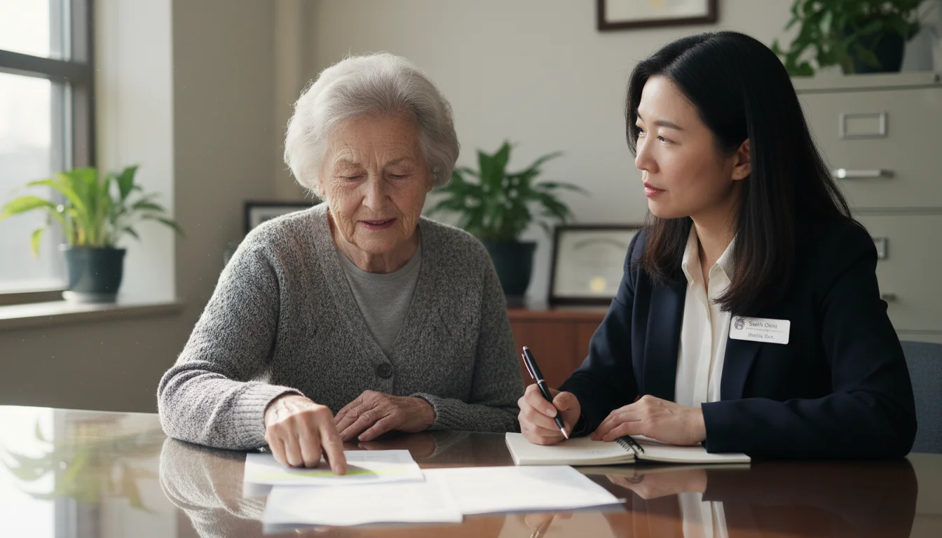An older woman and a hospital billing representative are seated at a desk, looking at a medical bill together.