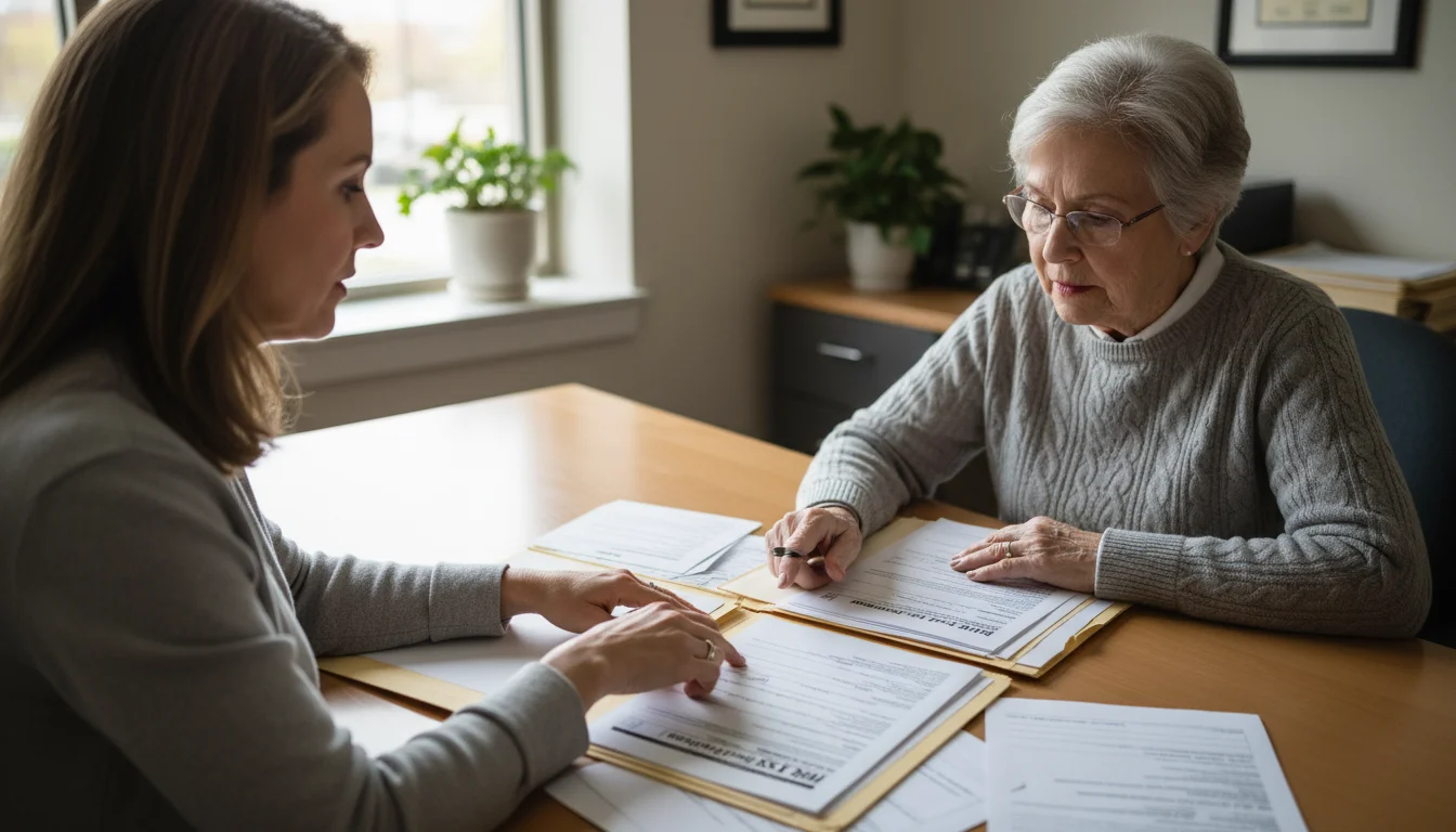 An older woman and a hospital financial counselor reviewing application documents together on a desk.