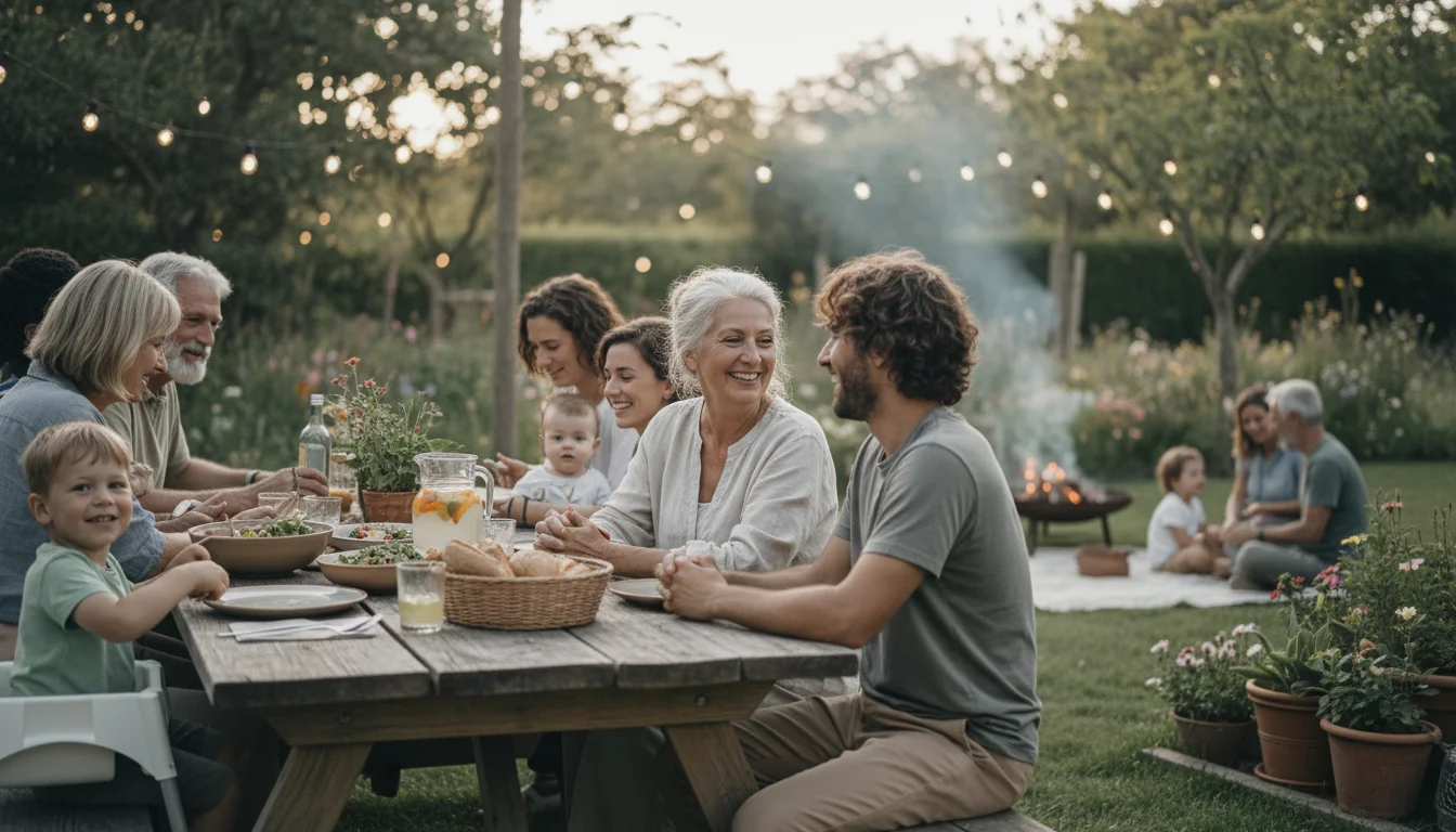 An older woman, the host, laughs joyfully with a younger family member at an outdoor picnic table. Other family members chat in the background.