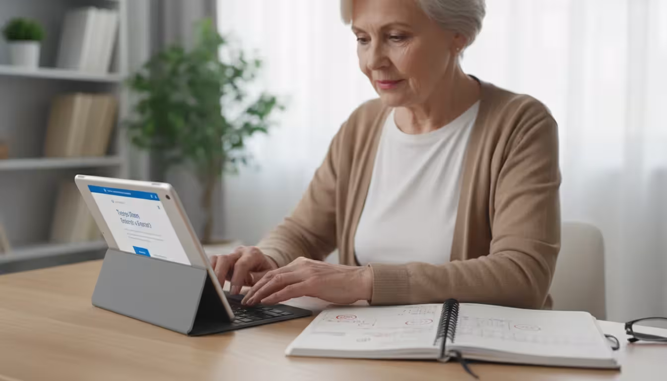 An older woman intently looks at a tablet screen while an open calendar showing a highlighted date sits next to it.