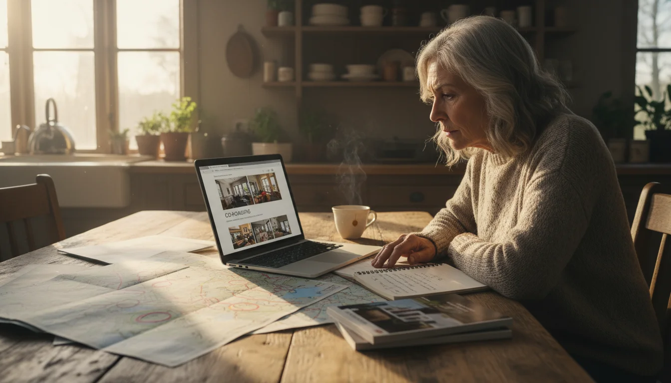 Older woman intently researching co-housing communities on a laptop, surrounded by maps and brochures at a kitchen table.
