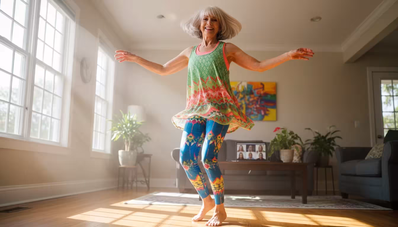 An older woman joyfully twirls during an online dance class, arms extended and smiling brightly in a sunlit room.