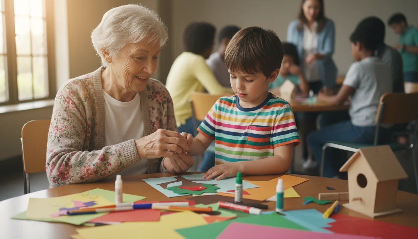 An older woman with a kind smile guides a young child's hand during a colorful craft project at a community center table.