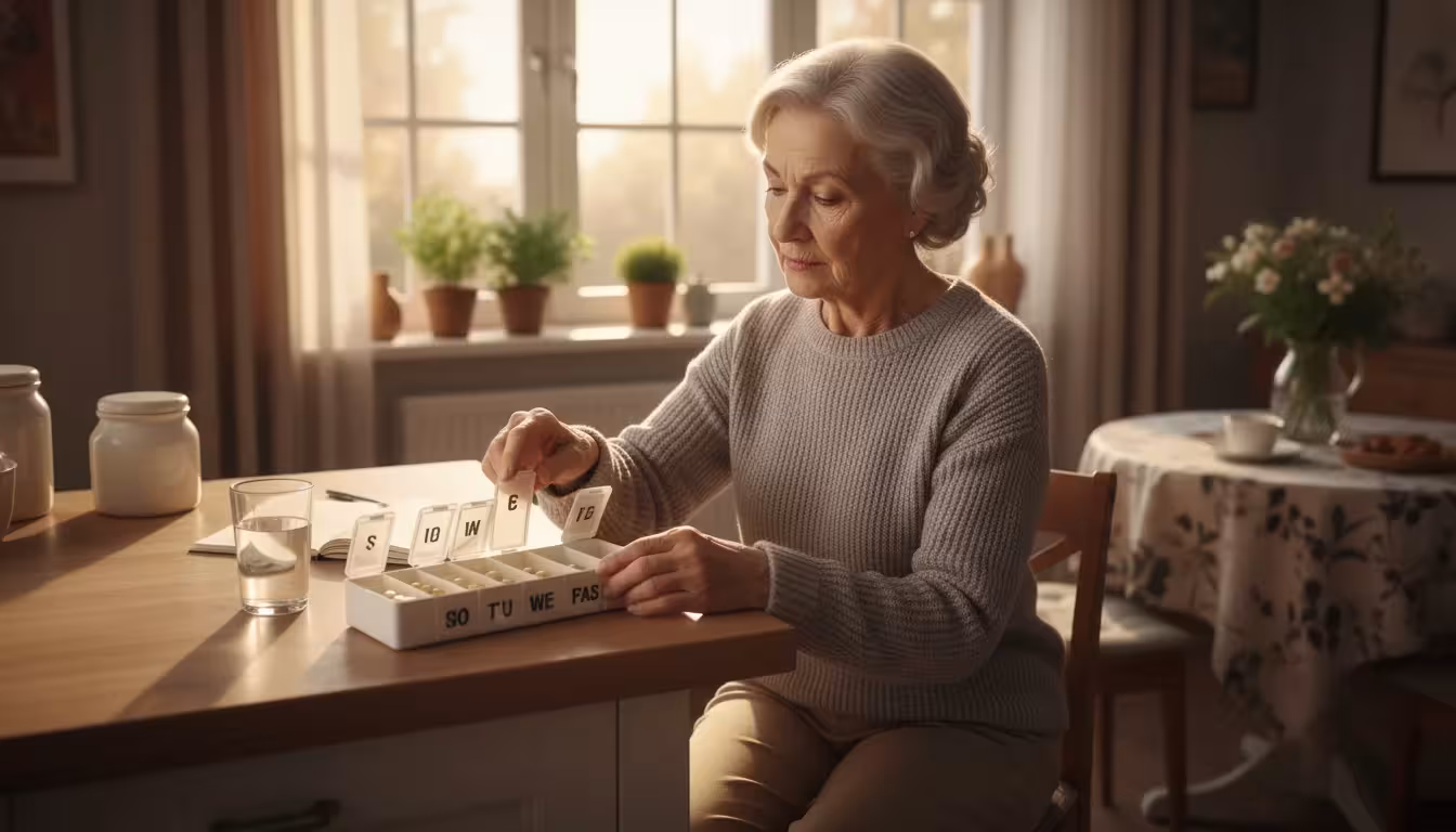 Older woman in a kitchen, her hands gently touching a weekly pill organizer with large compartments. Other pill bottles and dispensers are nearby.